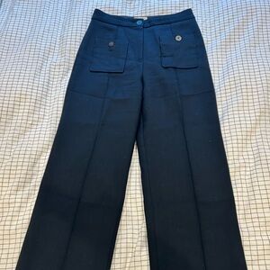 Sezane Emilio Navy Wool Wide-Leg Trousers with Button Pockets